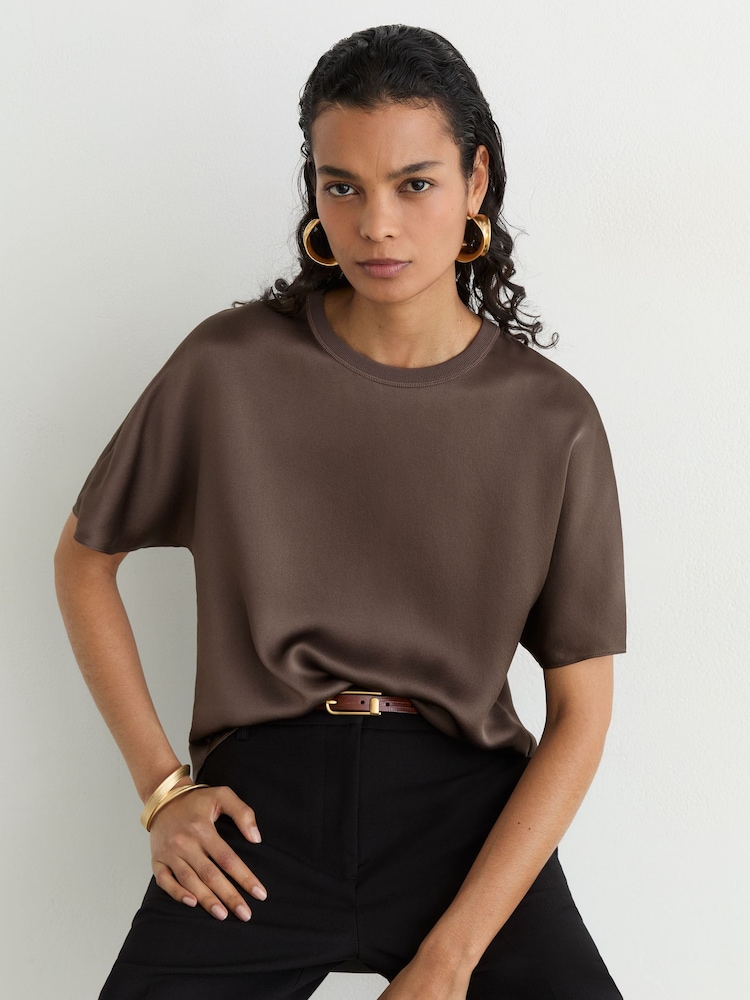 Reiss Mauve Lena Silk Short-Sleeve Top - Image 1 of 7 Reiss Mauve Lena Silk Short-Sleeve Top - Image 1 of 7