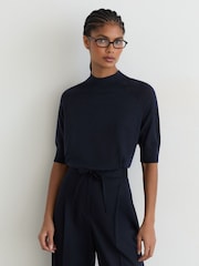 Reiss Navy Sienna Merino Wool Funnel-Neck Top - Image 1 of 6