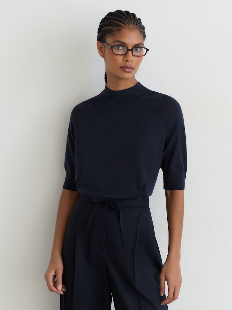Reiss Navy Sienna Merino Wool Funnel-Neck Top - Image 1 of 6 Reiss Navy Sienna Merino Wool Funnel-Neck Top - Image 1 of 6