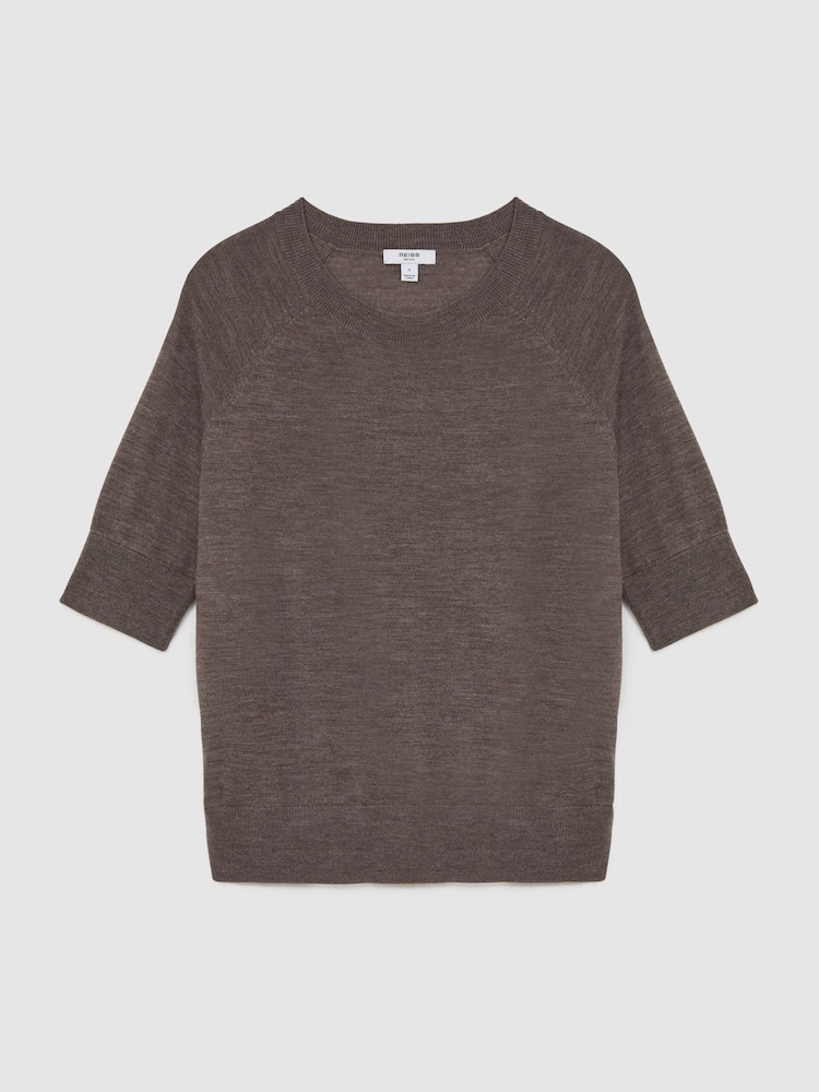 Reiss Mocha Brown Suzzie Merino Wool Crew-Neck T-Shirt - Image 2 of 6 Reiss Mocha Brown Suzzie Merino Wool Crew-Neck T-Shirt - Image 2 of 6