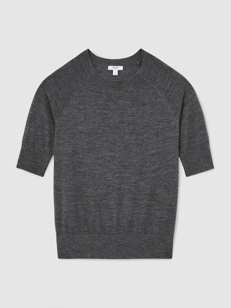 Reiss Charcoal Grey Suzzie Merino Wool Crew-Neck T-Shirt - Image 2 of 6 Reiss Charcoal Grey Suzzie Merino Wool Crew-Neck T-Shirt - Image 2 of 6