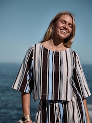 Chocolate Brown/Blue Stripe Short Sleeve Top - Image 1 of 9