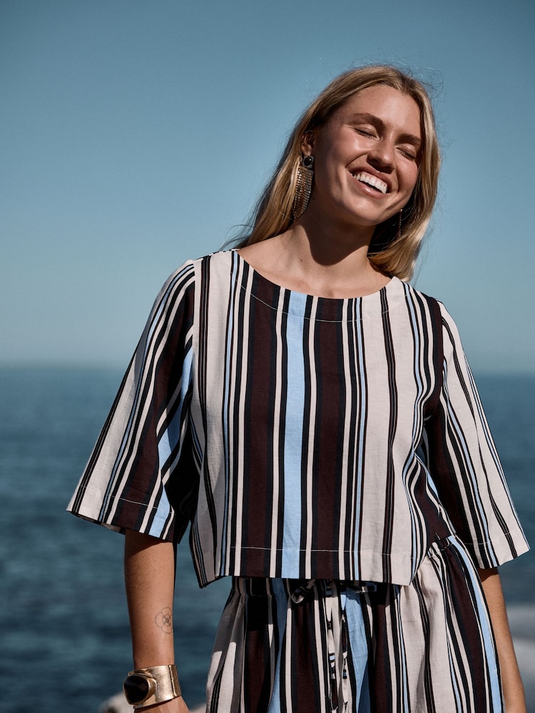 Chocolate Brown/Blue Stripe Short Sleeve Top - Image 1 of 9 Chocolate Brown/Blue Stripe Short Sleeve Top - Image 1 of 9