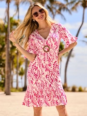 Sosandar Pink Floral Print Hoop Detail Dress - Image 1 of 5