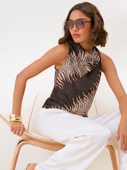 Friends Like These Palm Print Cowl Neck Satin Halter Top - Image 1 of 5