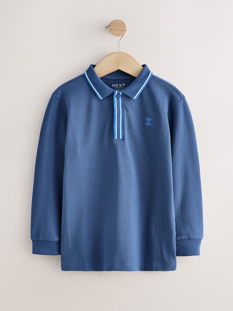 Bleu - Long Sleeve Tipped Polo Shirt (3-16yrs) - Image 1 de 4