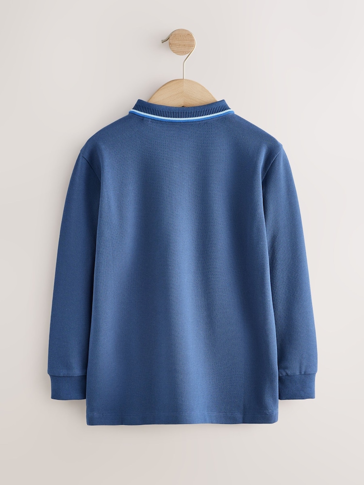 Bleu - Long Sleeve Tipped Polo Shirt (3-16yrs) - Image 2 de 4