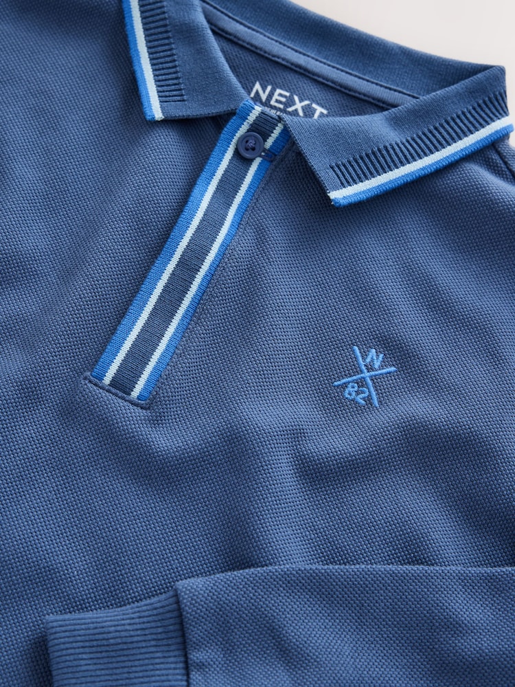 Bleu - Long Sleeve Tipped Polo Shirt (3-16yrs) - Image 4 de 4