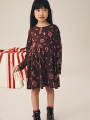 חום שוקולד - Jersey Long Sleeve Dress (3-16yrs) - תמונה 1 מתוך 3