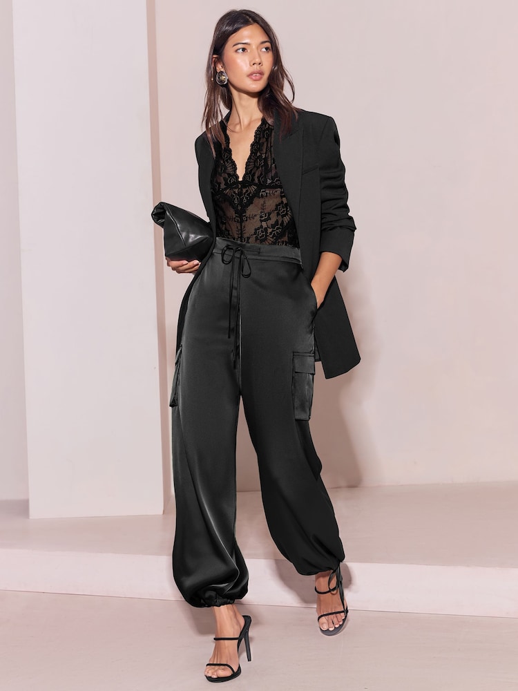 Lipsy Black Satin Tie Waist Cargo Trousers - Image 1 of 7