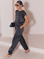 Lipsy Black Satin Tie Waist Cargo Trousers - Image 2 of 7