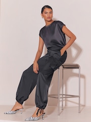 Lipsy Black Satin Tie Waist Cargo Trousers - Image 3 of 7