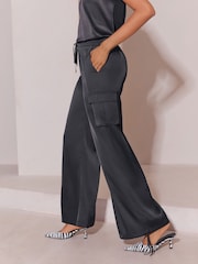 Lipsy Black Satin Tie Waist Cargo Trousers - Image 4 of 7