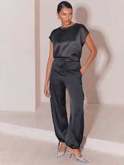 Lipsy Black Satin Tie Waist Cargo Trousers - Image 5 of 7