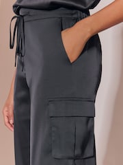 Lipsy Black Satin Tie Waist Cargo Trousers - Image 6 of 7