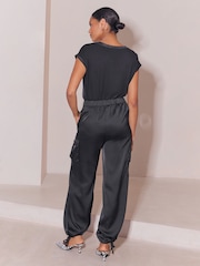 Lipsy Black Satin Tie Waist Cargo Trousers - Image 7 of 7