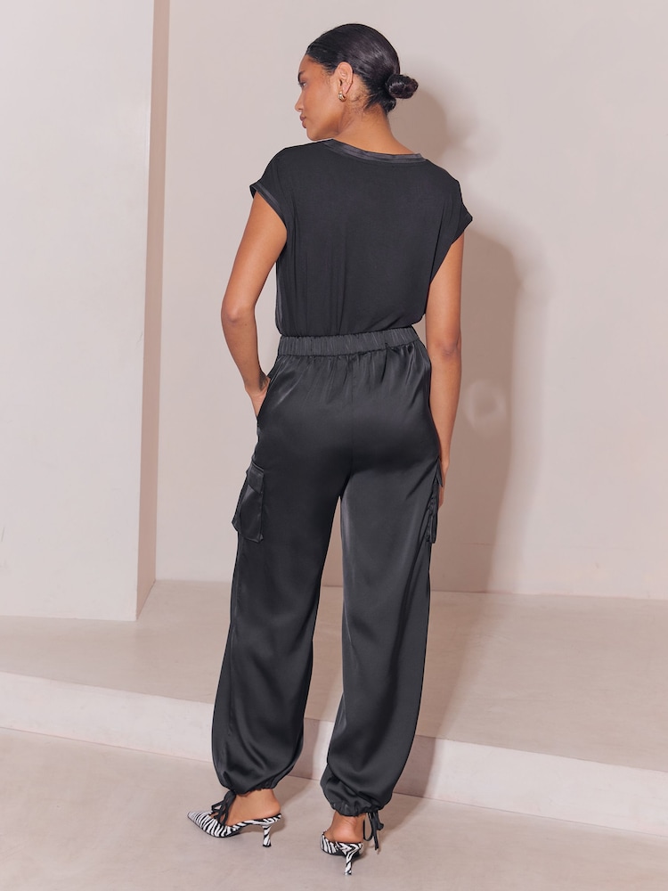 Lipsy Black Satin Tie Waist Cargo Trousers - Image 7 of 7