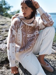Ecru/Camel Brown Relaxed Long Sleeve Crew Neck Jumper - Image 1 of 7