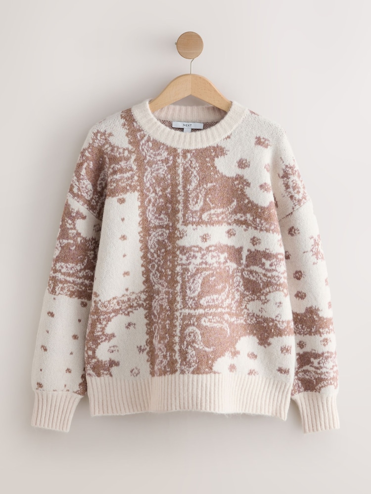Ecru/Camel Brown Relaxed Long Sleeve Crew Neck Jumper - Image 1 of 7 Ecru/Camel Brown Relaxed Long Sleeve Crew Neck Jumper - Image 1 of 7