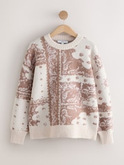 Ecru/Camel Brown Relaxed Long Sleeve Crew Neck Jumper - Image 5 of 7