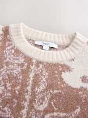Ecru/Camel Brown Relaxed Long Sleeve Crew Neck Jumper - Image 6 of 7