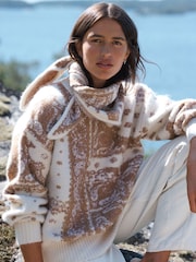Ecru/Camel Brown Paisley Knitted Scarf - Image 1 of 5