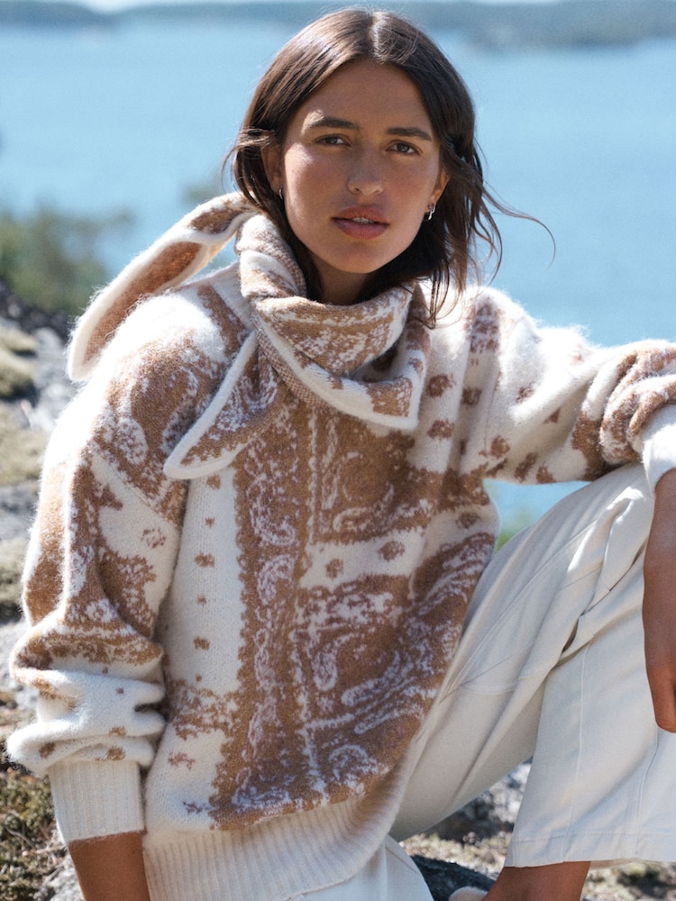 Ecru/Camel Brown Paisley Knitted Scarf - Image 1 of 5 Ecru/Camel Brown Paisley Knitted Scarf - Image 1 of 5