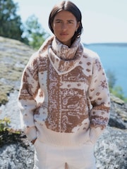 Ecru/Camel Brown Paisley Knitted Scarf - Image 2 of 5