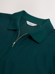 Teal Blue Plain Textured Smart Zip Neck Polo Shirt - Image 6 of 7