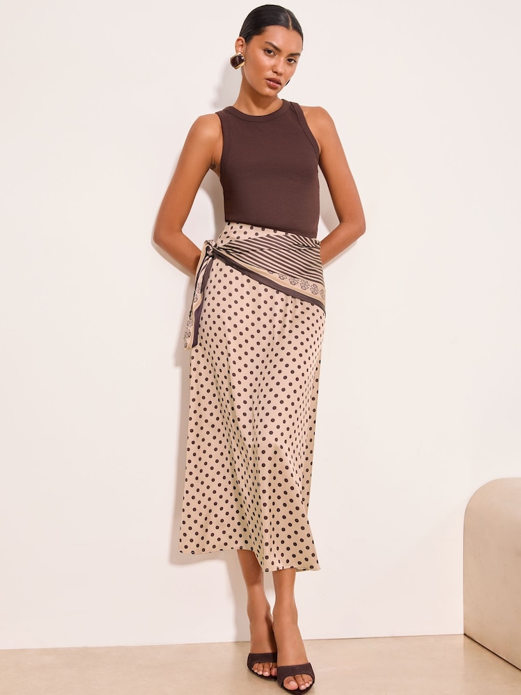 Lipsy Satin Polka Dot Scarf Detail Midi Skirt - Imaginea 1 din 5