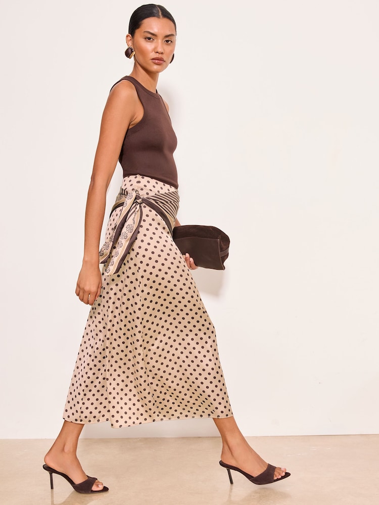 Lipsy Satin Polka Dot Scarf Detail Midi Skirt - Imaginea 2 din 5