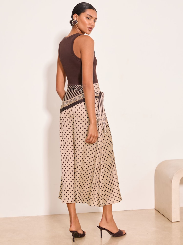 Lipsy Satin Polka Dot Scarf Detail Midi Skirt - Imaginea 5 din 5