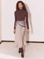Lipsy Brown Satin Polka Dot Scarf Detail Midi Skirt - Image 6 of 6