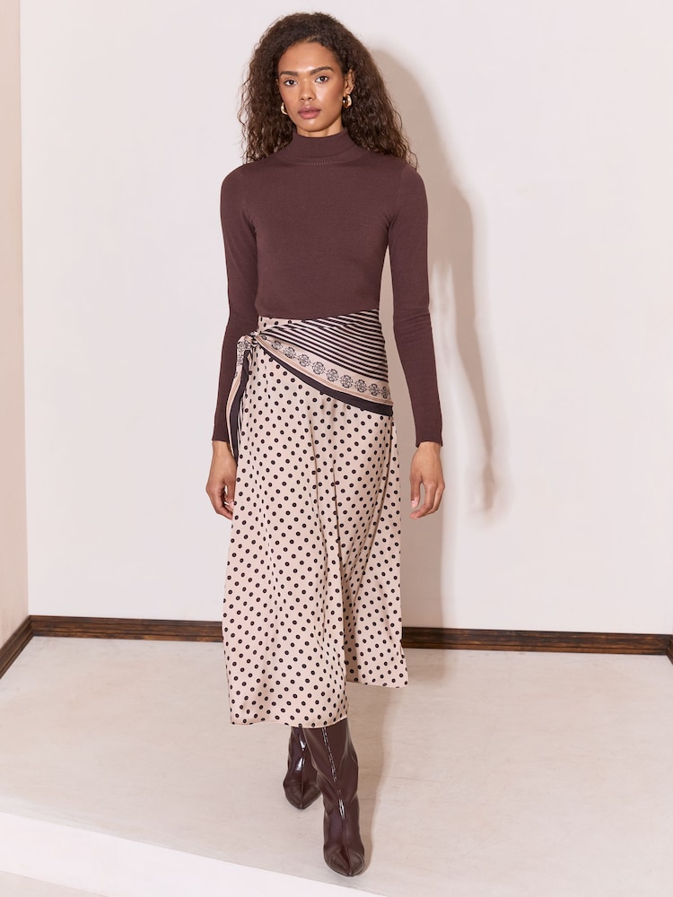 Lipsy Brown Satin Polka Dot Scarf Detail Midi Skirt - Image 6 of 6