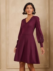 Love & Roses Burgundy Red Lace Detail V-Neck Knitted Mini Dress - Image 1 of 5