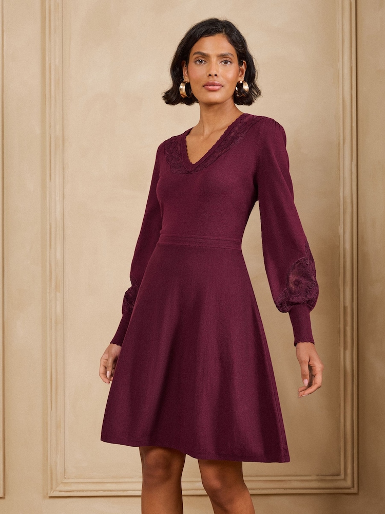 Love & Roses Burgundy Red Lace Detail V-Neck Knitted Mini Dress - Image 1 of 5 Love & Roses Burgundy Red Lace Detail V-Neck Knitted Mini Dress - Image 1 of 5