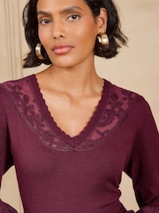 Love & Roses Burgundy Red Lace Detail V-Neck Knitted Mini Dress - Image 2 of 5