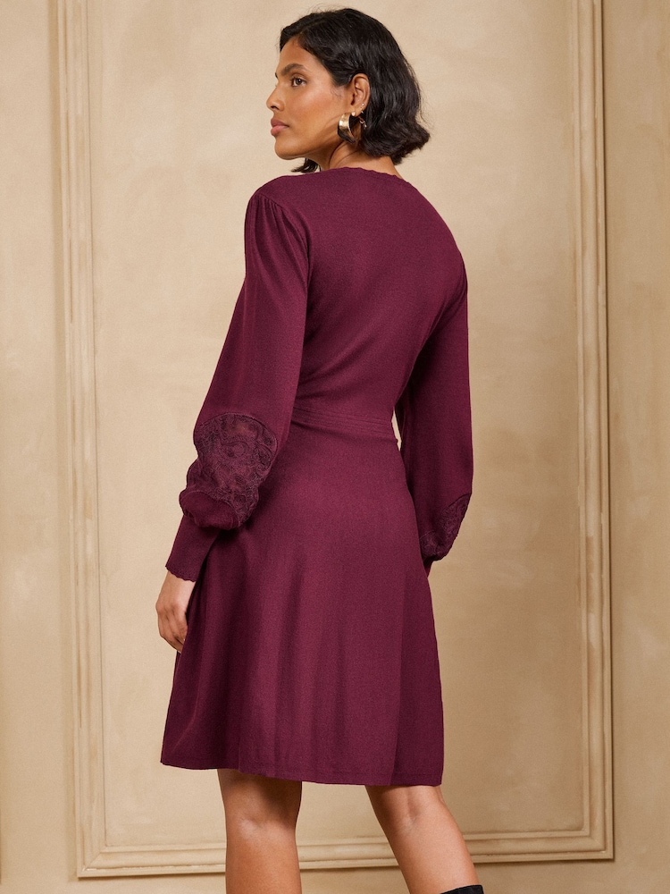 Love & Roses Burgundy Red Lace Detail V-Neck Knitted Mini Dress - Image 5 of 5 Love & Roses Burgundy Red Lace Detail V-Neck Knitted Mini Dress - Image 5 of 5