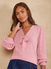 Love & Roses Rose Pink Tie Neck Knitted Top - Image 1 of 5