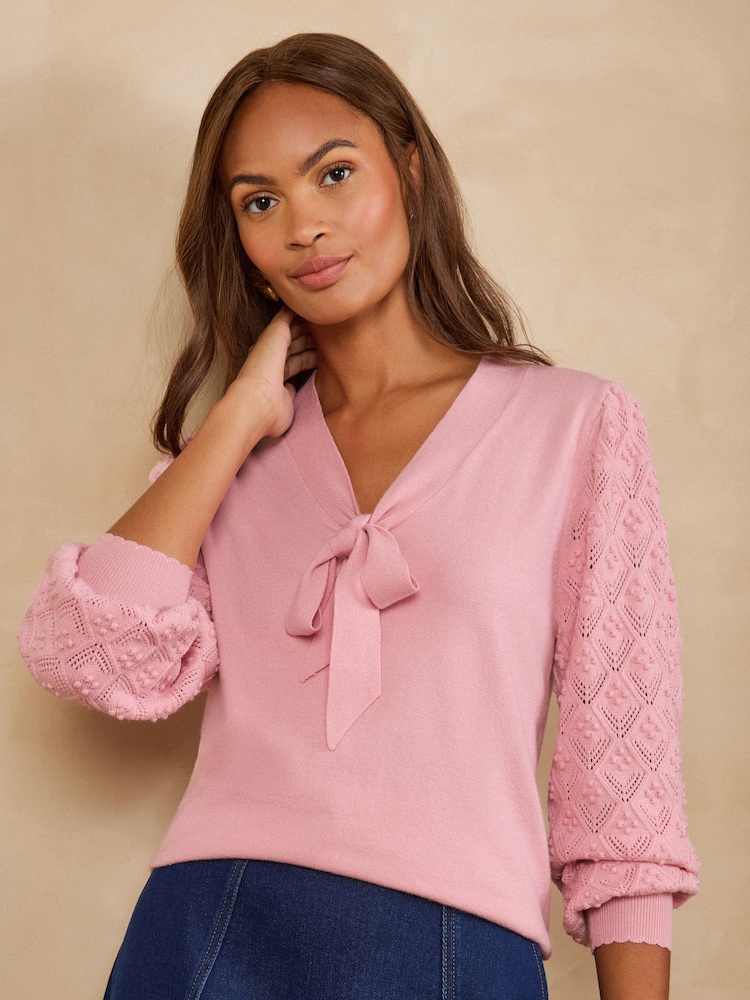 Love & Roses Rose Pink Tie Neck Knitted Top - Image 1 of 5