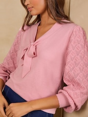 Love & Roses Rose Pink Tie Neck Knitted Top - Image 2 of 5