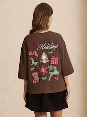 Chocolate Brown Christmas Graphic Boxy Short Sleeve Crew Neck T-Shirt - Image 3 of 4