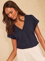 Love & Roses Navy Blue Lace Trim Flutter Sleeve V-Neck Top - Image 1 of 4