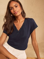 Love & Roses Navy Blue Lace Trim Flutter Sleeve V-Neck Top - Image 4 of 4
