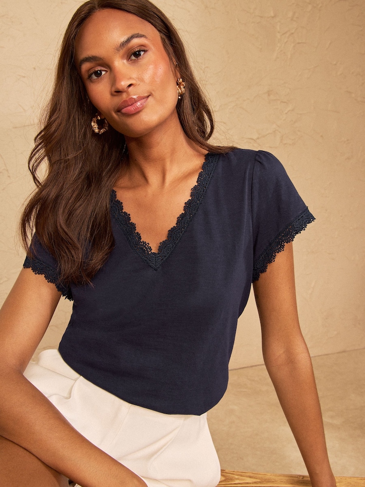 Love & Roses Navy Blue Lace Trim Flutter Sleeve V-Neck Top - Image 4 of 4