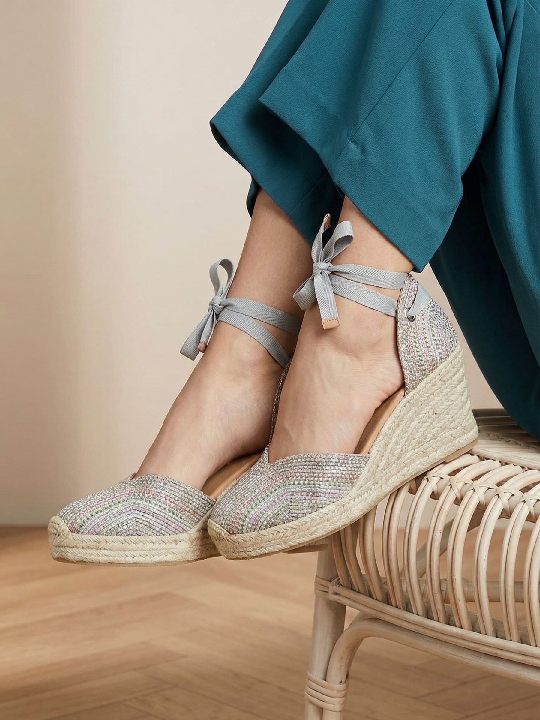 Buy Jones Bootmaker Grey Alyssa Leather Wedge Espadrilles  display picture 3