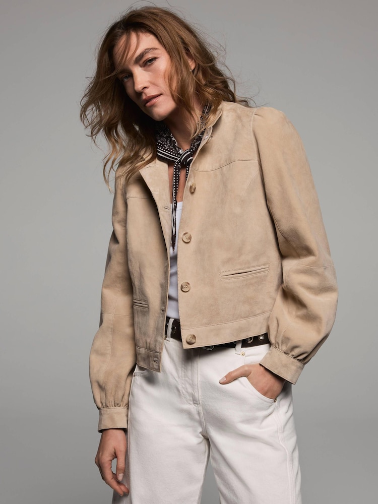 브라운 - Mint Velvet Leather Puff Sleeve Jacket - 8의 이미지 1