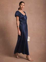 Mint Velvet Blue Satin Lace Detail Midi Dress - Image 3 of 8