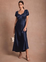 Mint Velvet Blue Satin Lace Detail Midi Dress - Image 4 of 8