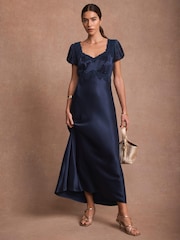 Mint Velvet Blue Satin Lace Detail Midi Dress - Image 6 of 8